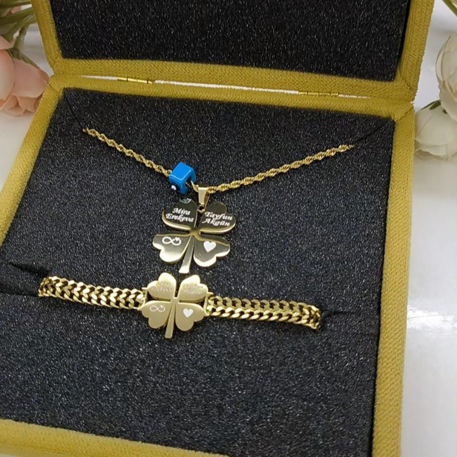 14 AYAR ALTIN KAPLAMA ÇELİK İSİMLİ YONCA KOLYE 60 CM